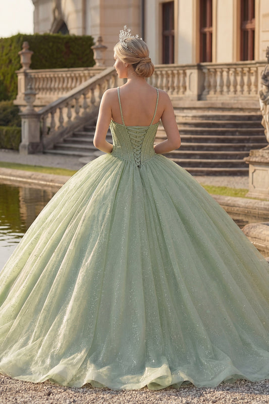 Corset Glitter Mint Green Long Princess Halter Quinceanera Dress with Beading
