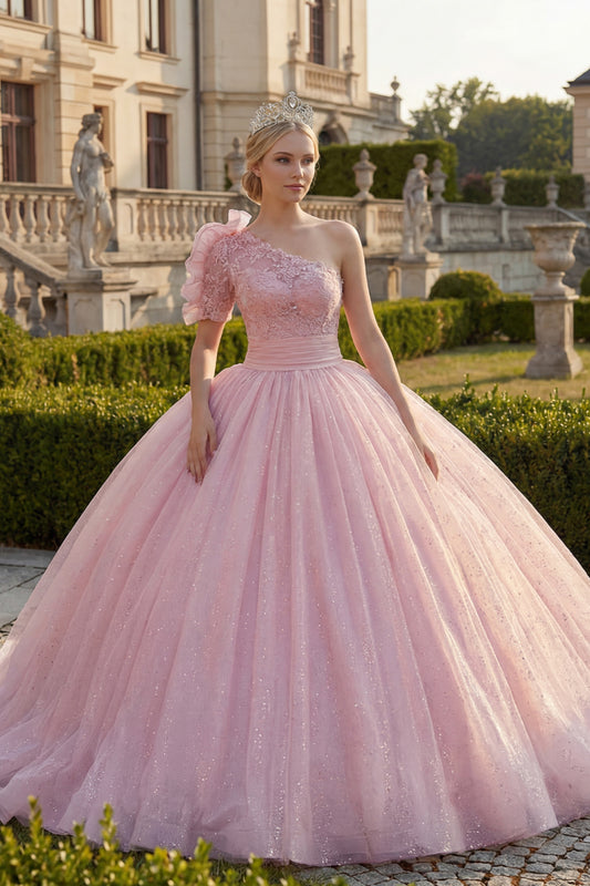 Ruffled Pink Princess Glitter Long Quinceanera Dress with Lace