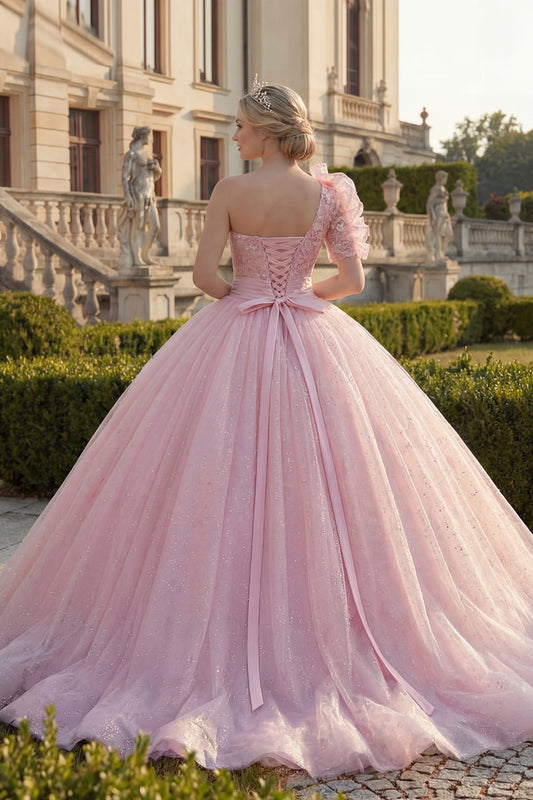 Ruffled Pink Princess Glitter Long Quinceanera Dress with Lace