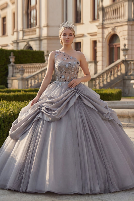 Light Grey Ruched Beaded Princess Long Quinceanera Dress