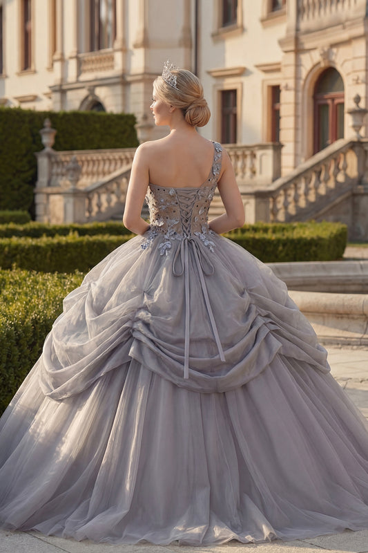 Light Grey Ruched Beaded Princess Long Quinceanera Dress