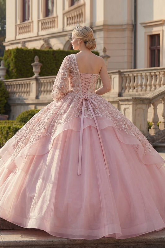 One Shoulder Sparkly Pink Princess Beaded Long Quinceanera Dress with Ruffles