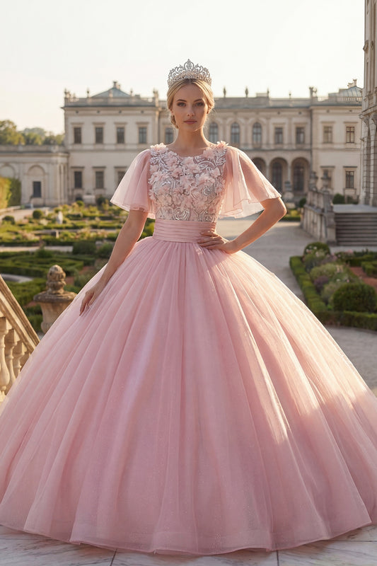 Flutter Sleeves Pink Floral Princess Glitter Long Beaded Quinceanera Dress