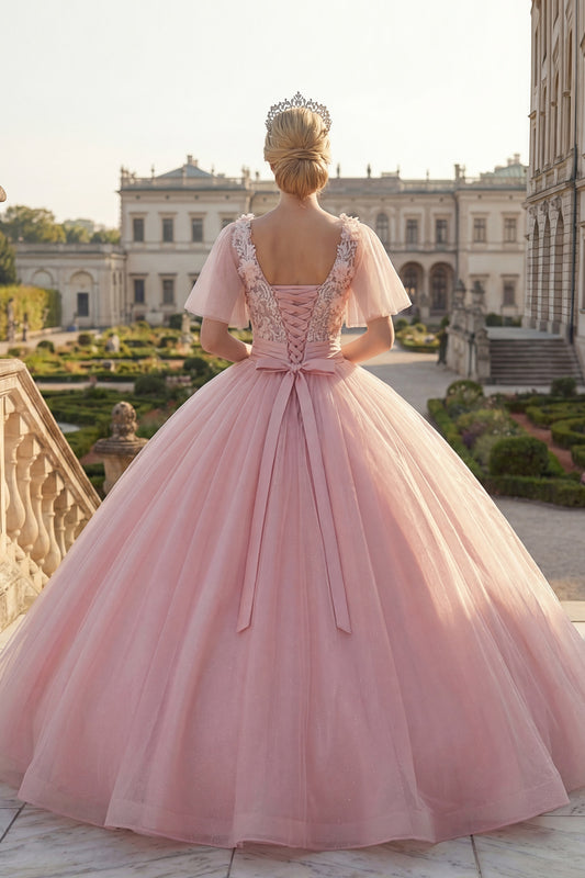 Flutter Sleeves Pink Floral Princess Glitter Long Beaded Quinceanera Dress