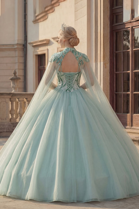Sparkly Mint Green Long Sequin Princess Quinceanera Dress with Cape