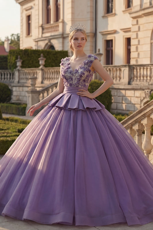 V-Neck Purple Floral Princess Long Quinceanera Dress with Ruffles