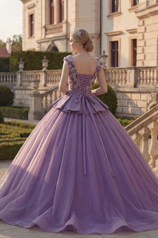 V-Neck Purple Floral Princess Long Quinceanera Dress with Ruffles