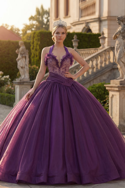 Dark Purple Beaded Halter Princess Long Quinceanera Dress with Ruffles