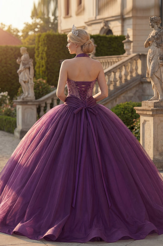 Dark Purple Beaded Halter Princess Long Quinceanera Dress with Ruffles