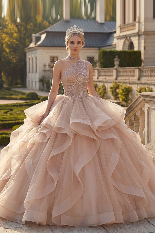 Sparkly Champagne Ruffled Princess Long Quinceanera Dress with Beading