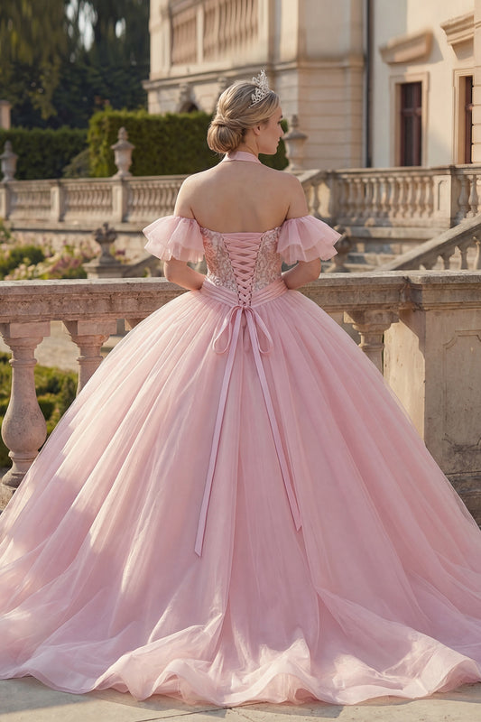 Floral Halter Ruffled Pink Princess Long Quinceanera Dress with Beading