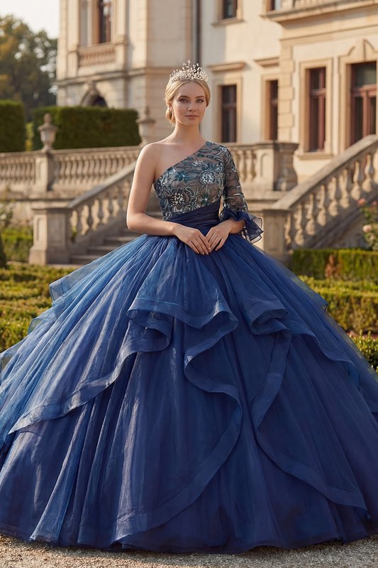 Floral One Shoulder Princess Long Navy Quinceanera Dress with Ruffles