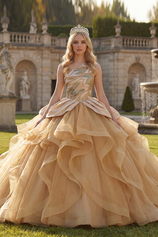 Ruffled Long Sparkly Champagne Sequin Princess Quinceanera Dress