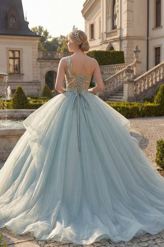 Long Sparkly Dusty Blue Sequin Princess Quinceanera Dress with Ruffles