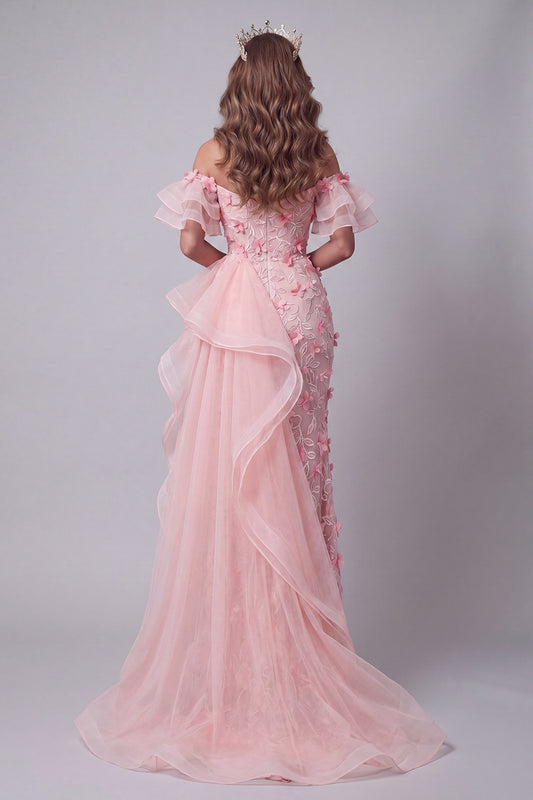 Pink Mermaid Ruffled Long Off the Shoulder Floral Pageant Dress with Slit