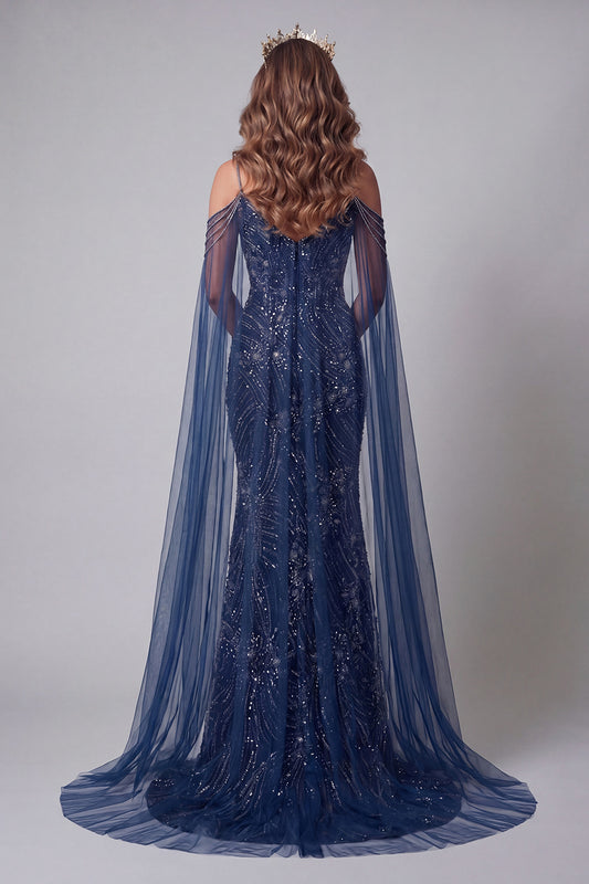 Cold Shoulder Sparkly Navy Mermaid Long Beaded Pageant Dress with Cape
