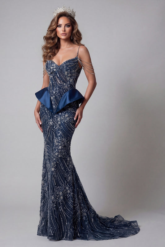 Sparkly Navy Cold Shoulder Mermaid Long Beaded Pageant Dress with Ruffles