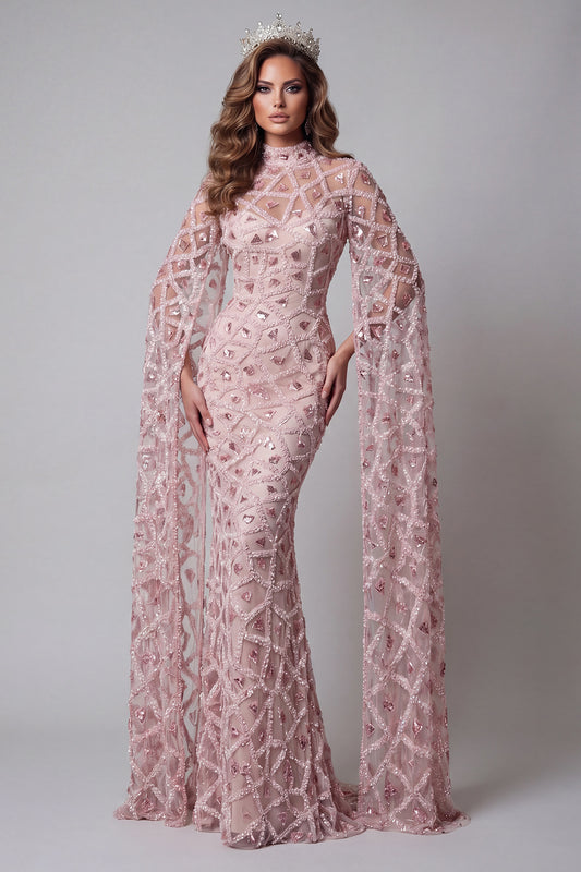 High Neck Sparkly Blush Mermaid Open Back Long Beaded Pageant Dress with Cape