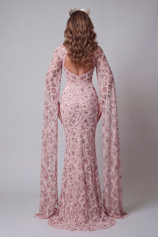 High Neck Sparkly Blush Mermaid Open Back Long Beaded Pageant Dress with Cape