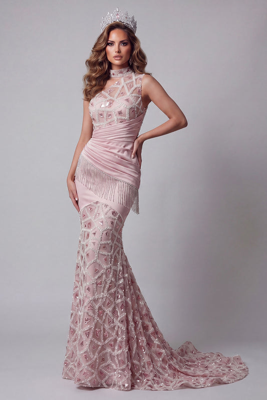 Long Beaded Sparkly Blush High Neck Ruched Mermaid Pageant Dress with Fringes