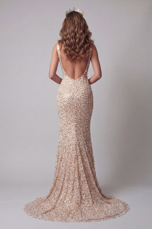 Sparkly Champagne Mermaid Long V-Neck Beaded Pageant Dress with Pearls