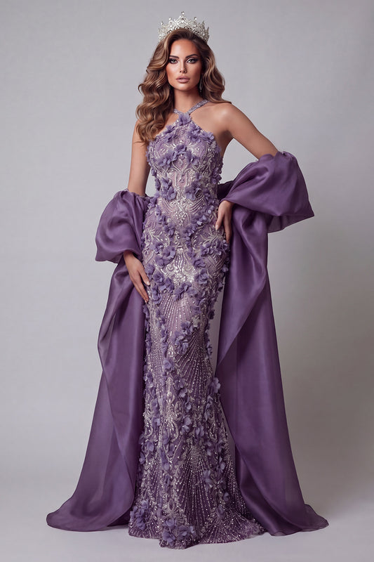 Halter Sparkly Purple Mermaid Long Floral Beaded Pageant Dress with Cape
