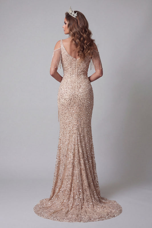 Sparkly Champagne Mermaid Long Cold Shoulder Beaded Pageant Dress with Fringes