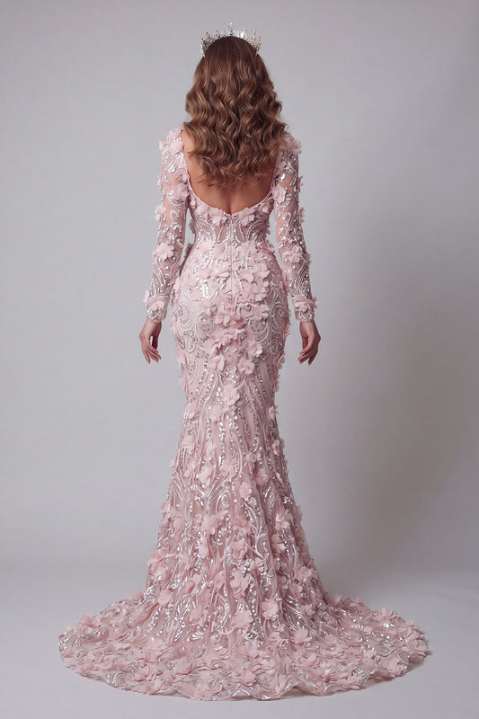 Long Sleeves Sparkly Blush Mermaid Long Beaded Floral Pageant Dress