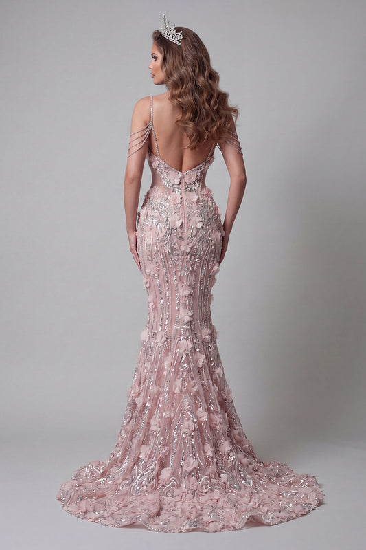 Cold Shoulder Sparkly Blush Mermaid Long Beaded Floral Pageant Dress