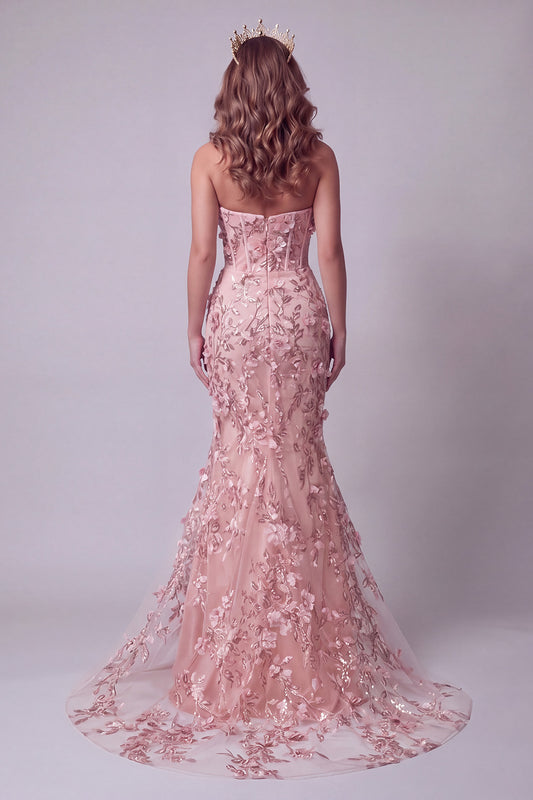 Sparkly Blush Corset Mermaid Long Beaded Floral Pageant Dress