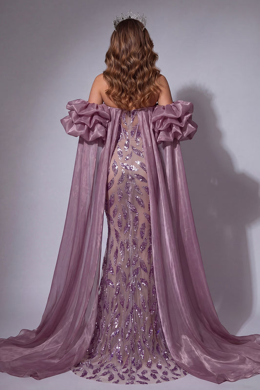 Corset Sparkly Vintage Mauve Mermaid Long Beaded Ruffled Pageant Dress with Cape