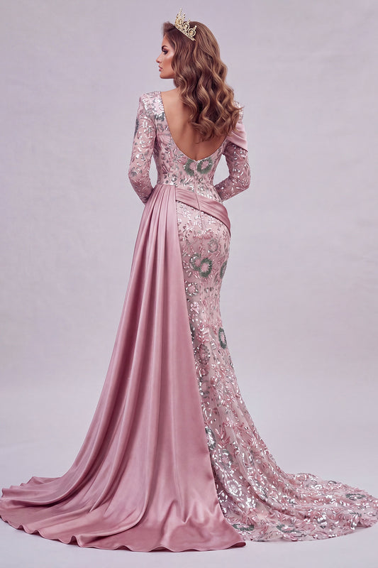 Sparkly Pink Mermaid Long Sleeves Long Beaded Floral Pageant Dress with Side Cape