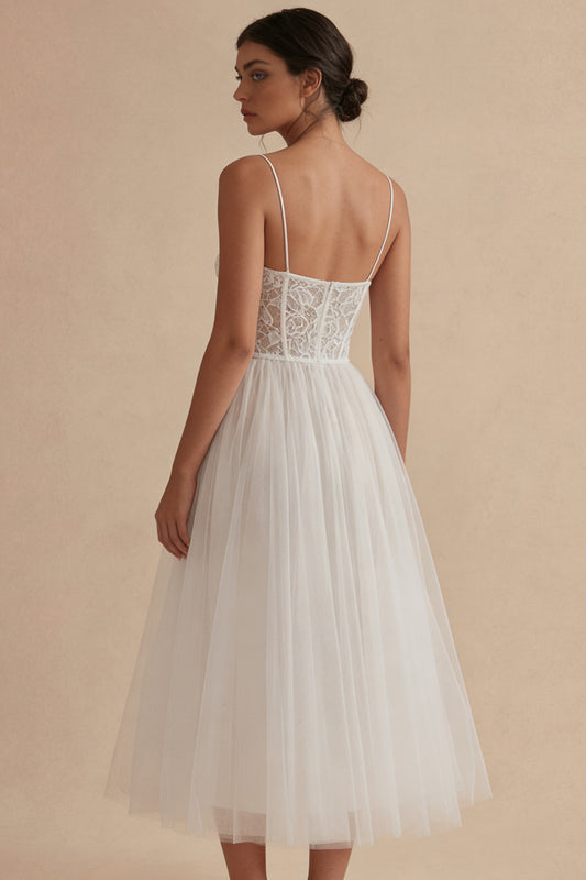 Floral Spaghetti Straps White Maxi A Line Corset Boho Wedding Dress with Lace