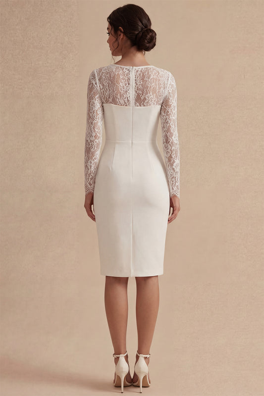 Midi Bodycon Long Sleeves Floral White Wedding Dress with Lace