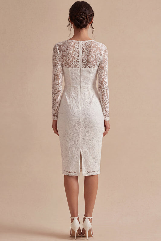 Midi Bodycon Lace Long Sleeves Floral White Boho Wedding Dress