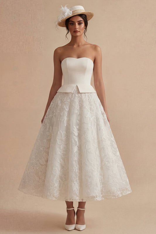 Strapless White Maxi Floral Lace A Line Boho Wedding Dress