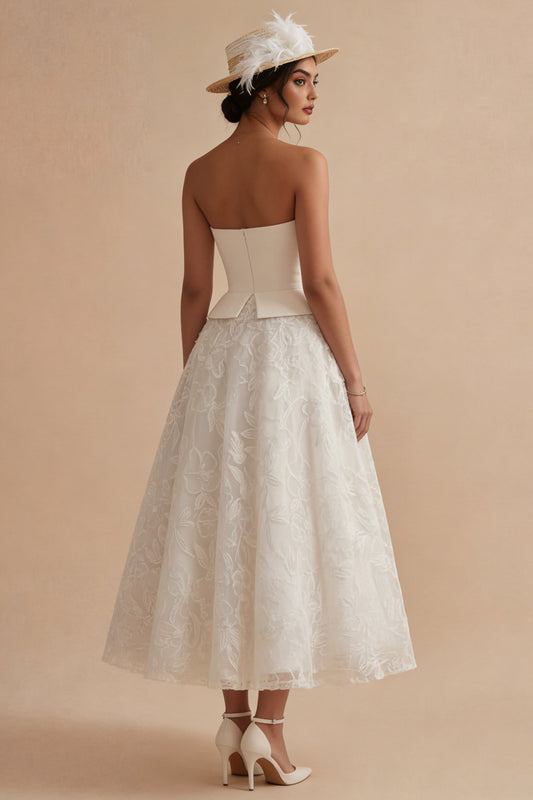 Strapless White Maxi Floral Lace A Line Boho Wedding Dress
