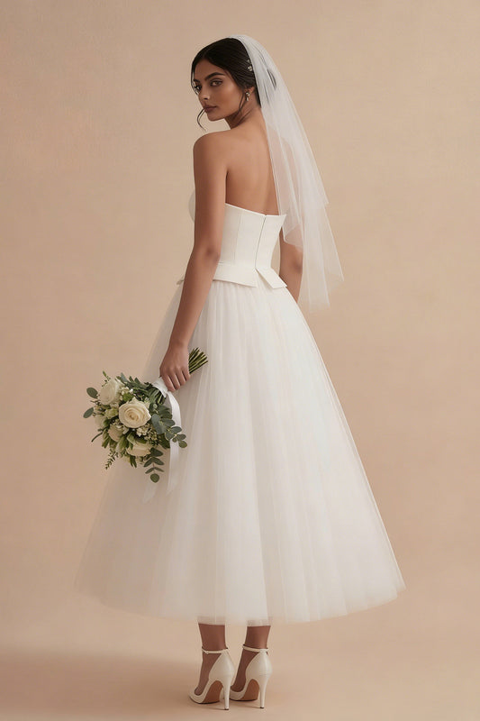 Maxi A Line Strapless White Boho Wedding Dress