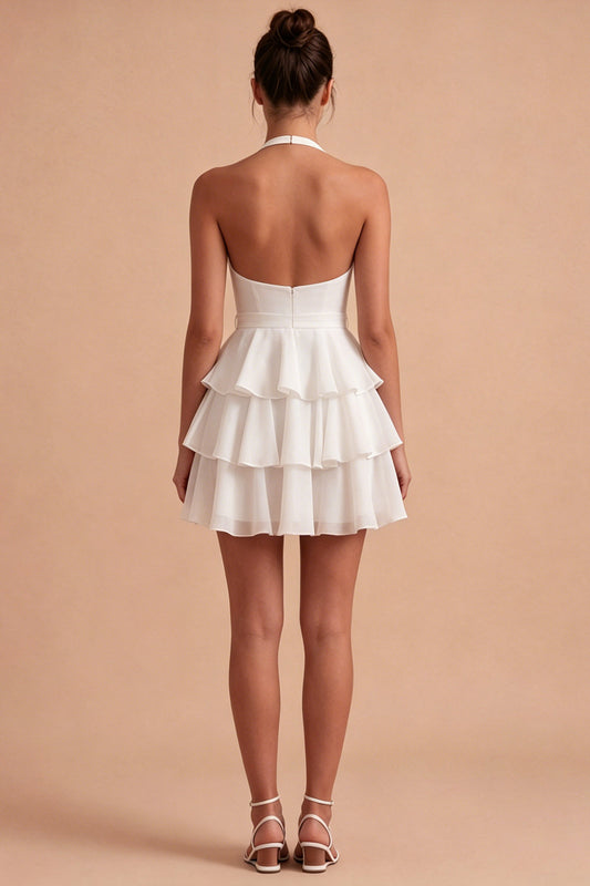 Ruffled Halter Backless White Short A Line Graduation Dress with Bow