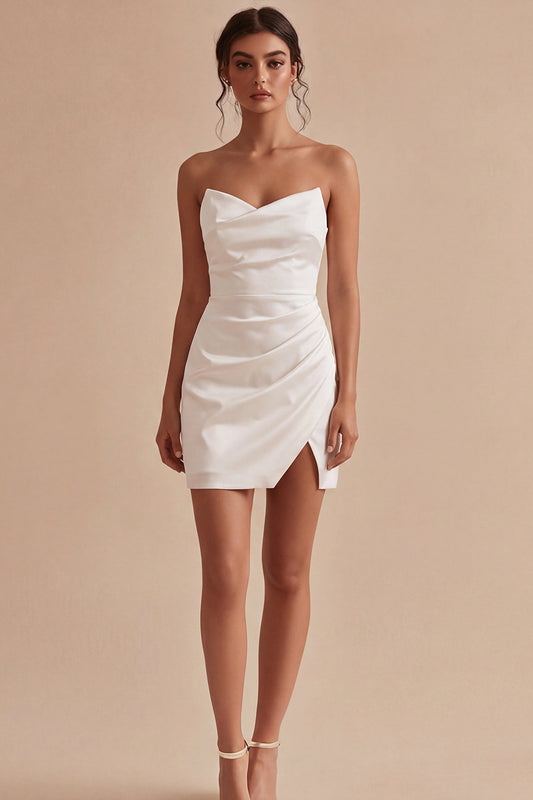 Tight Short Strapless Ruched White Graduation Dress with Slit