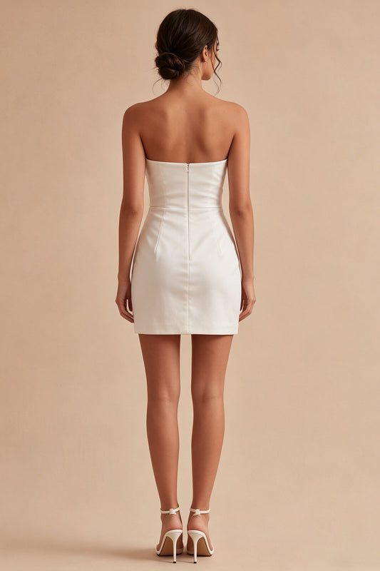 Tight Short Strapless Ruched White Graduation Dress with Slit
