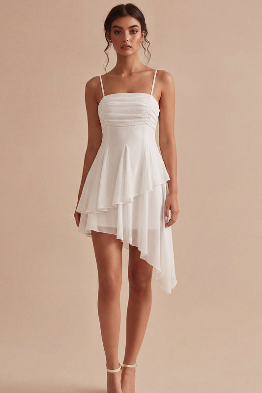 Ruched Spaghetti Straps White Asymmetrical A Line Graduation Dress with Ruffles