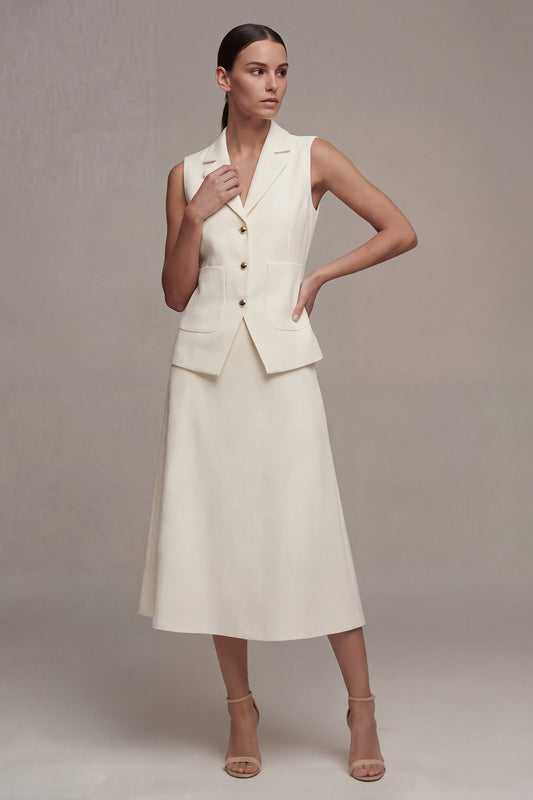 Notched Lapel Ivory 2 Piece Single Breasted Midi Business Suits