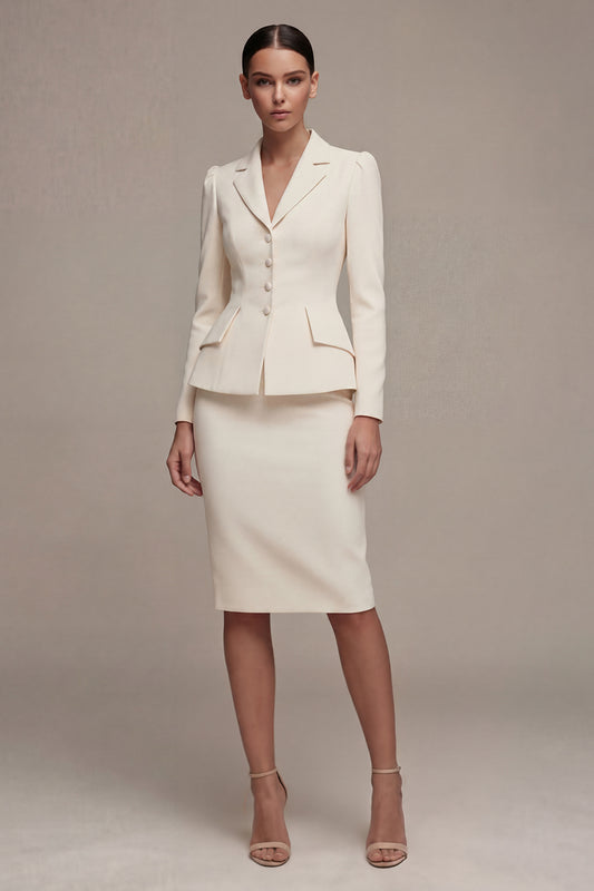 Ivory Single Breasted Long Sleeves 2 Piece Notched Lapel Midi Business Suits with Back Slit