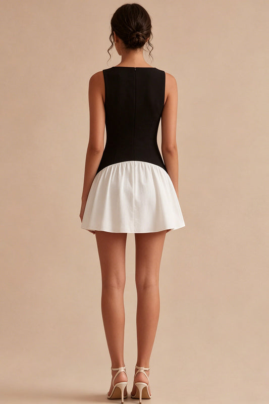 Bateau Neck Black and White A Line Cocktail Dress