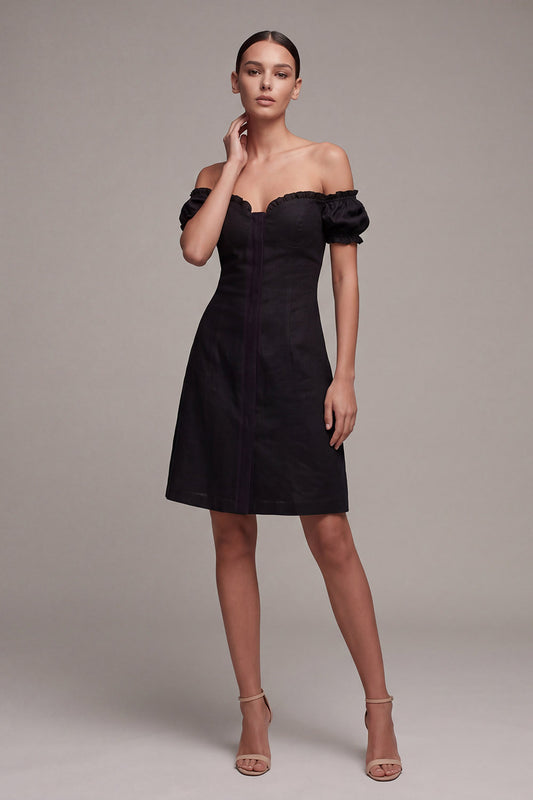Off the Shoulder A Line Little Black Dress with Flounces