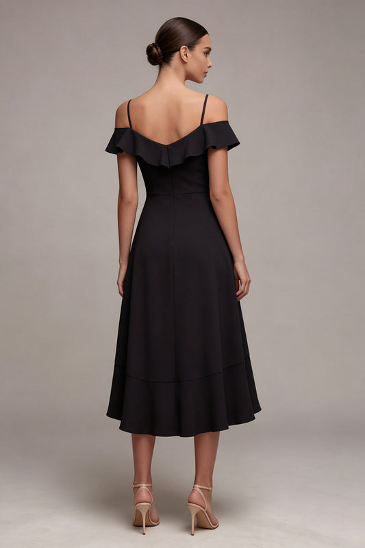Cold Shoulder A Line High Low Little Black Dress with Ruffles