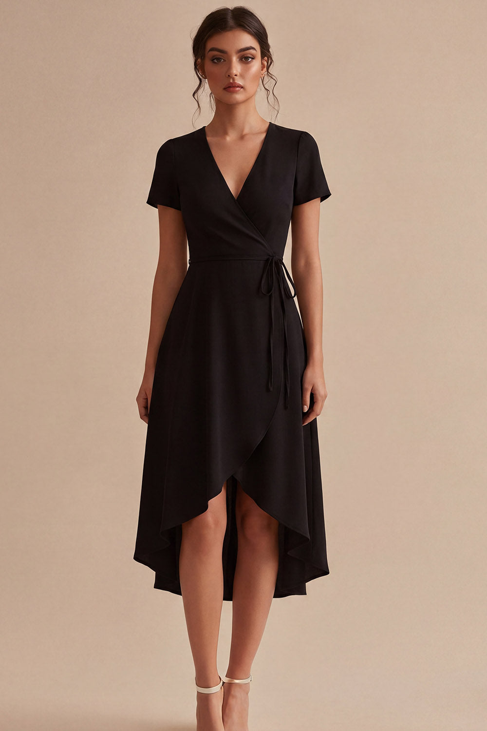 Zapaka Women High Low Little Black Dress with Pockets V-Neck Short Sleeves A Line Cocktail Dress, Black / US18W