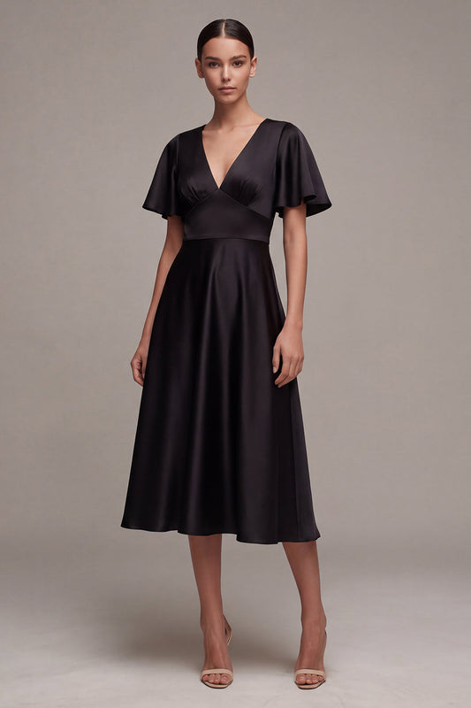 Flutter Sleeves V-Neck Midi A Line Formal Dress