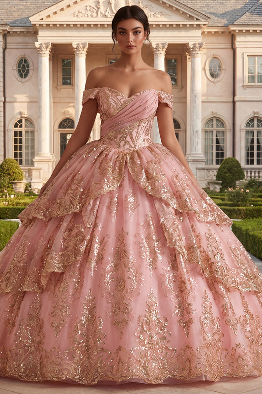 Princess Sequin Ruched Sparkly Pink Long Off the Shoulder Quinceanera Dress